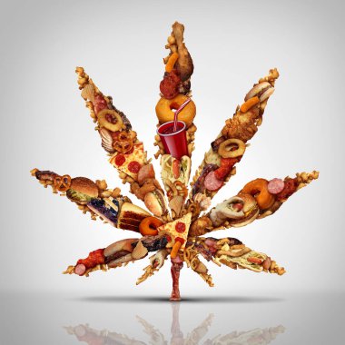 Cannabis munchies and marijuana hunger for increased cravings for snacks and increased appetite due to smoking weed or pot products containing THC as a symbol for feeling hungry after getting high with 3D illustration elements. clipart