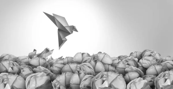 Kaçan Origami Kuşuna Dönüşen Buruşuk Bir Kağıt Grubu Olarak Başka — Stok fotoğraf