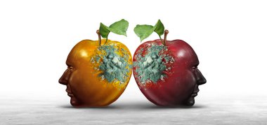 Destructive ideas concept as contagious thinking causing harm or spreading hate as two decaying apples with mold shaped as human heads with 3D illustration elements. clipart