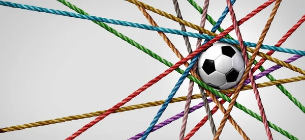 足球作为足球的全球统一内部连接着代表体育多样性和体育团队合作或团队竞争概念的多种绳索 并附有3D插图元素 — 图库照片