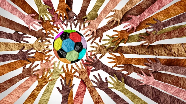 Futebol Global Diversidade Esporte Parceria Como Mãos Coração Grupo Pessoas — Fotografia de Stock
