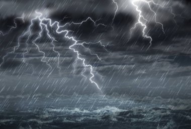 Extreme weather concept with dark storm clouds and stormy destructive winds with heavy rain in a 3D illustration style. clipart