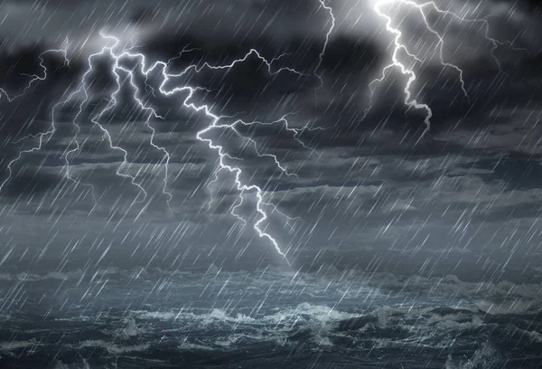 带有乌云的极端天气概念和带有三维图解风格的暴雨的暴风雨破坏性风 — 图库照片