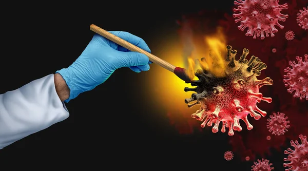 Virus doctor and virology research concept as a science symbol of a researcher burning a contagious viral cell  as a public health symbol for controlling a pandemic outbreak or epidemic with 3D illustration elements.