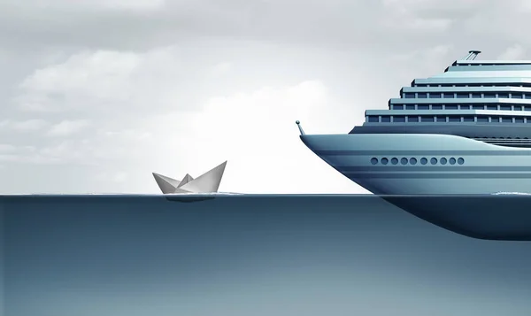 Cheap Cruise and budget vacation concept with paper boat compared to huge luxury liner Ship representing low price cruises or inexpensive vacations or economic disparity and rich and poor inequality with 3D illustration elements.