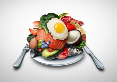 Ketogenic eating and Keto nutrition lifestyle diet low carb and high fat meal as fish nuts eggs meat avocado and other healthy ingredients as a therapeutic snacks on a dish table setting with 3D illustration elements. clipart