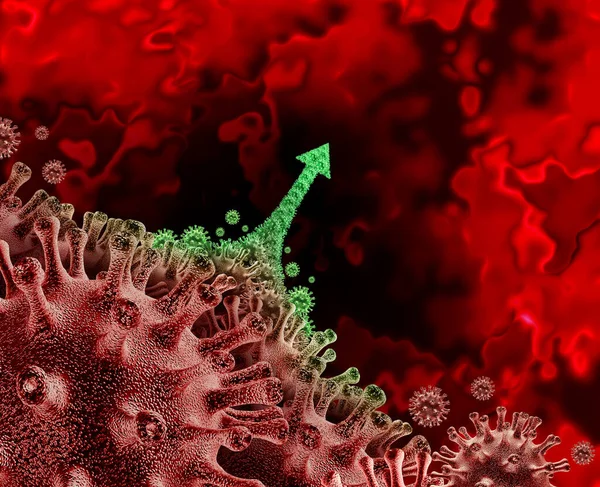変異型ウイルス三次元レンダリングとして医療概念として非常に伝染性のデルタ変異体やコロナウイルスパンデミック危機やインフルエンザとして矢印と鮮やかな発生として上昇ひずみ感染症を変異 — ストック写真