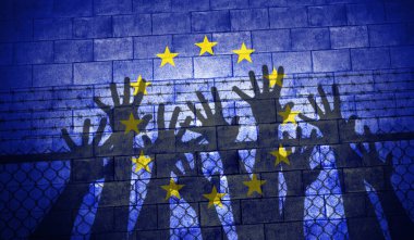 European immigration crisis and Europe refugee migrant concept as people on a border wall with an EU flag as a social issue about refugees or immigrants a group of migrating people in a 3D illustration style. clipart