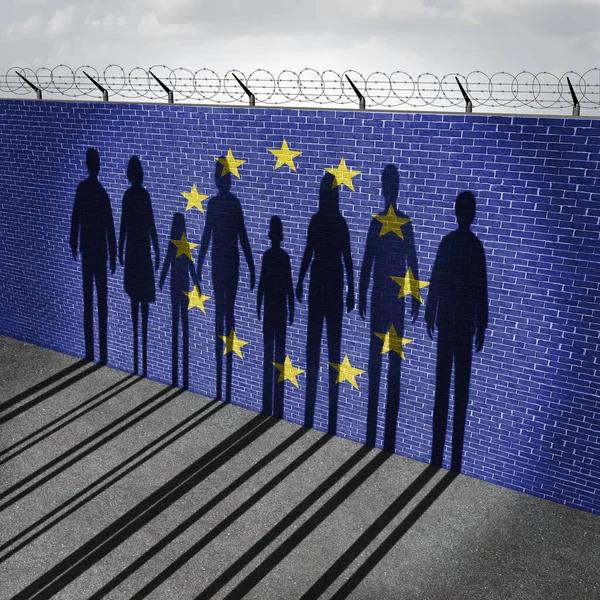Європейські Іммігранти Європейські Біженці Люди Прикордонній Стіні Прапором Соціальна Проблема — стокове фото