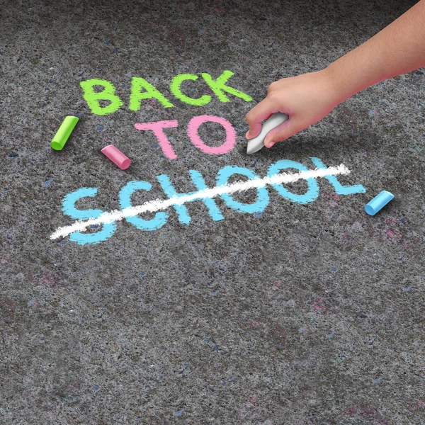 学校关闭和返回学校取消作为粉笔画在水泥人行道上 与一个手握一种颜色的孩子的手作为标志关闭学校由于疾病爆发或教师罢工在3D插图风格 — 图库照片