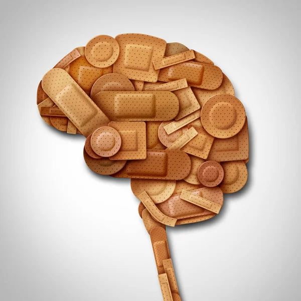 脑康复的概念和精神康复作为精神健康疗法的象征作为一个神经学 心理学或精神康复的一个三维图解形式的绷带和急救绷带群 — 图库照片