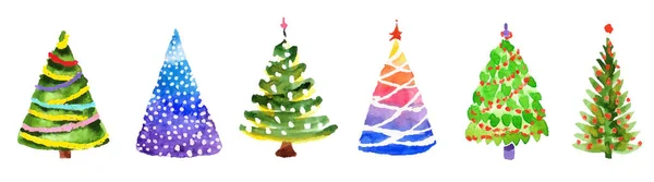 Handgezeichnetes Aquarell Doodle Weihnachtsbaumset Bunte Weihnachtsbäume Neujahrssymbole Einfacher Künstlerischer Strich — Stockvektor