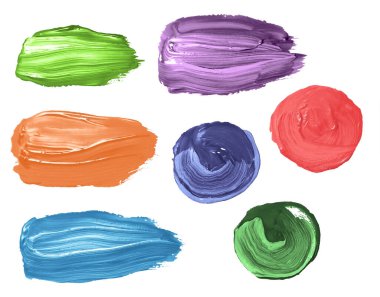 Acrylic or oil hand painting matte brush stroke blot spot shape set. Gouache splash or scribble artistic pallet. Background banner, border or frame pastel texture design element on white