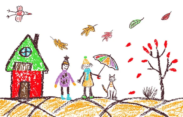 蜡笔画舒适的秋天户外横幅背景 落叶白色 就像孩子画涂鸦一样简单的矢量风格 粉笔或铅笔儿童绘画 — 图库矢量图片#