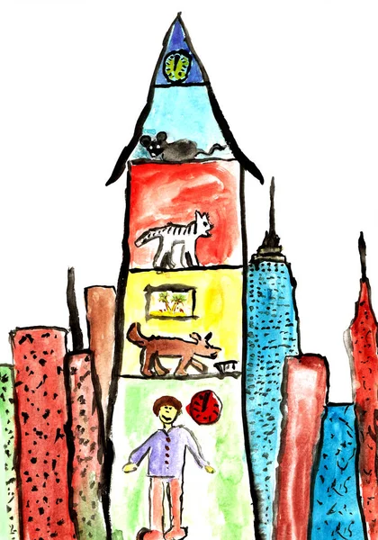 Doodle Huis Met Vloeren Grappige Hand Schilderen Stadsgebouw Met Jongen — Stockfoto