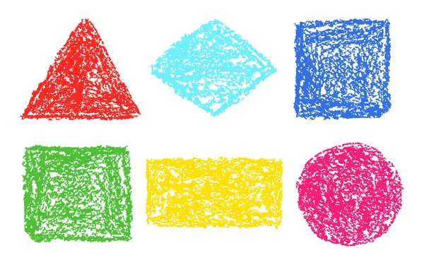 蜡笔画圆 正方形 三角形设计元素集 色彩像孩子们的风格有趣的复制空间 粉笔或铅笔框 矢量背景 涂鸦涂鸦艺术笔触纹理 — 图库矢量图片#
