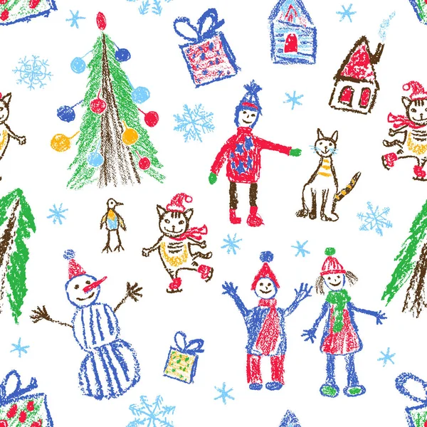 手描きのクリスマスシームレスなパターン プレゼント 雪だるま 子供のクレヨンのように落書きスクリブルカラフルなベクトルアートを描いた チョークストローク漫画面白いスケッチ孤立したアート — ストックベクタ