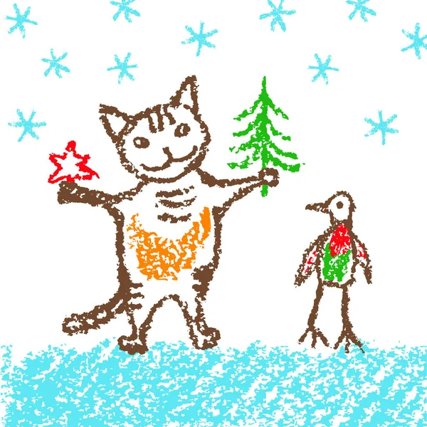 Noël Drôle Chat Oiseau Avec Neige Comme Chaton Vacances Dessiné — Image vectorielle