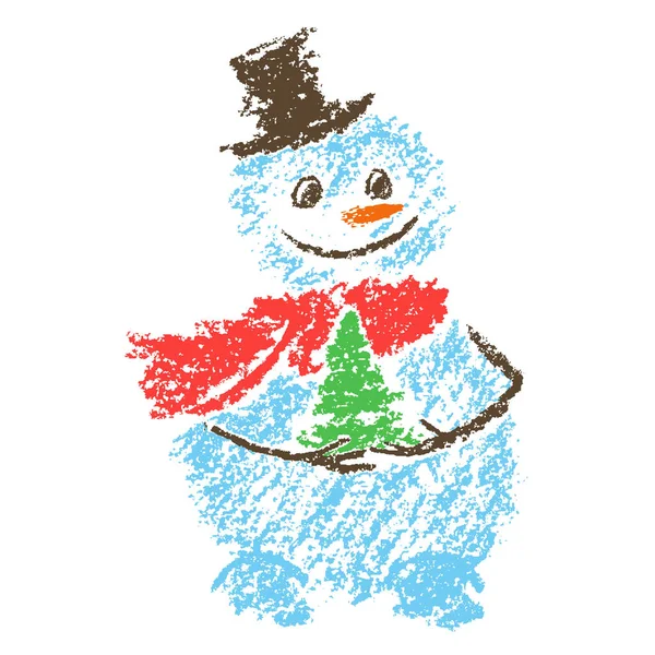 Bonhomme Neige Souriant Drôle Dessiné Main Avec Arbre Noël Sur — Image vectorielle