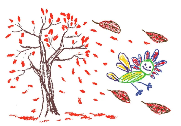 Gelukkige Glimlach Gekke Fantastische Doodle Vogel Insect Herfst Boom Vallende — Stockvector