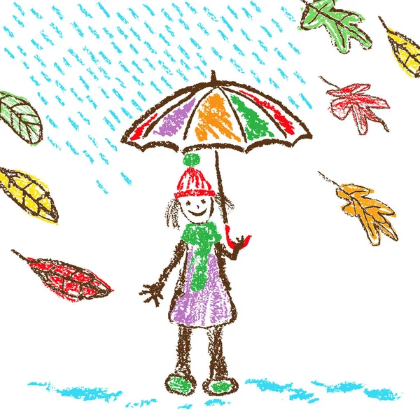 带着五彩缤纷的雨伞的快乐微笑的女孩 秋雨和落叶 蜡笔画滑稽的涂鸦场景 卡通蜡笔画 粉笔或铅笔笔画简单的矢量风格人物 — 图库矢量图片#