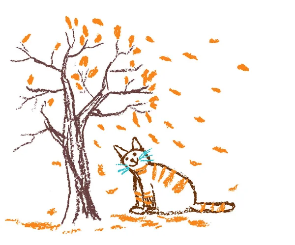 Feliz Sonriente Rojo Que Gato Bajo Árbol Otoño Hojas Que — Vector de stock