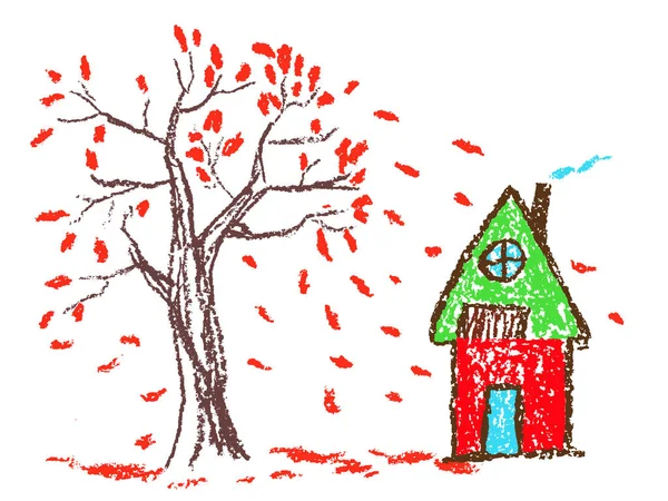 秋天的树和落叶下舒适可爱的乡间别墅 蜡笔画滑稽的涂鸦场景 卡通粉笔或铅笔儿童画简单的矢量风格 类似儿童的例证 — 图库矢量图片#