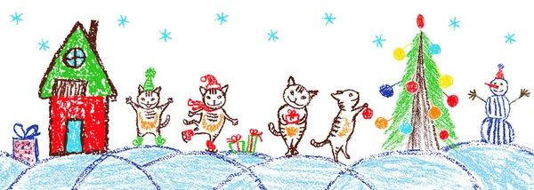 圣诞节有趣的猫 就像孩子们手绘圣诞礼物一样 粉笔或铅笔草图涂鸦树 礼品盒 矢量背景简单的卡通风格 — 图库矢量图片#