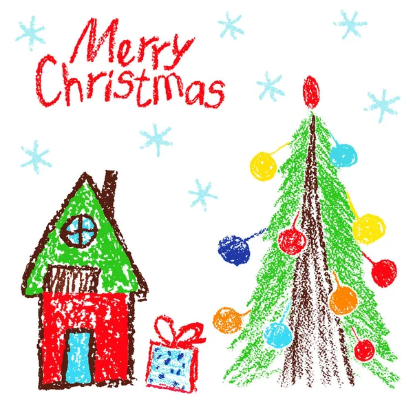 圣诞小屋和圣诞树 就像小孩手绘节日卡片一样蜡笔 粉笔或铅笔草图 涂鸦礼品盒和雪 矢量背景简单的卡通风格 — 图库矢量图片#