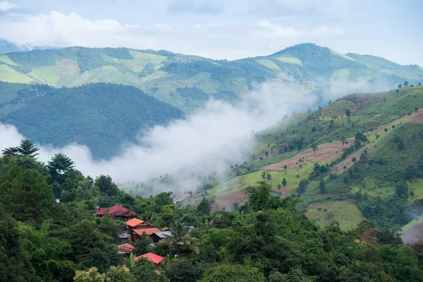 Cordillera Montañas Verdes Parcialmente Cubierta Niebla Matutina — Foto de Stock