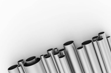 Beyaz arka planda izole edilmiş gümüş borular. 3B görüntüleme.