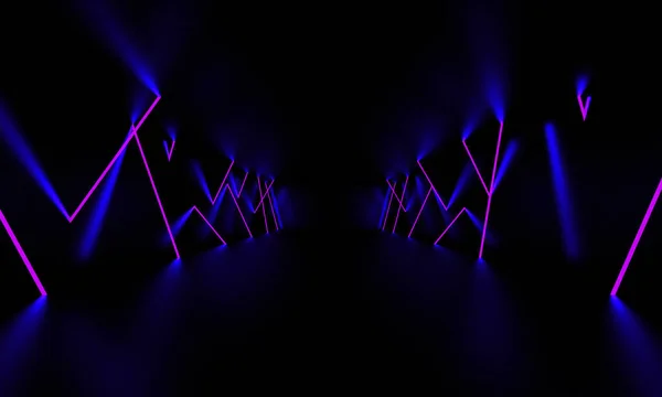 Purple laser light glow in the dark room. 3D Illustration.