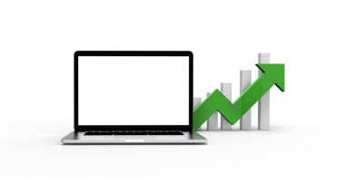 Modern dizüstü bilgisayar ok grafiğiyle beyaz zemin üzerinde izole edildi. 3B Görüntü.