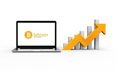 Laptop ve bitcoin kripto iş dünyası finans kavramı. 3B Görüntü.