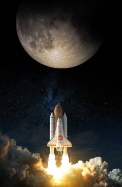Bitcoin ikonlu uzay mekiği aya doğru havalanıyor. Bu görüntünün elementleri NASA tarafından desteklenmektedir.