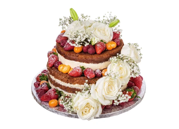 Весільний торт з квітів троянд і фруктів . — стокове фото