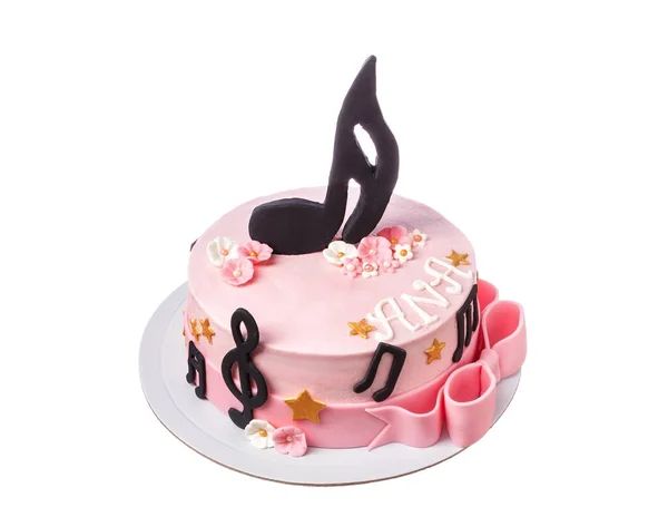 Festive multicolored sugar paste cake for a musician. Treble clef and notes, main theme. — Stock fotografie