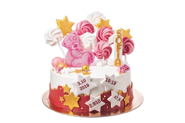 Belo bolo para o aniversário do nascimento de uma menina. Com um urso e estrelas. — Fotografia de Stock