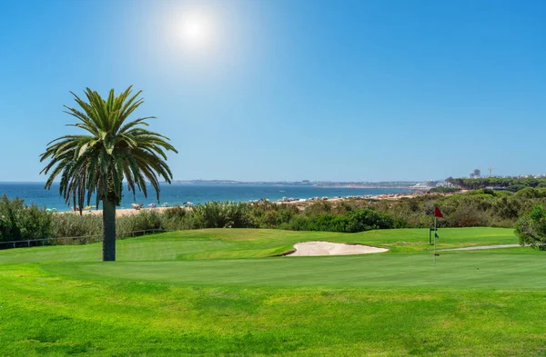 Ośrodek luksusowe plaże, pola golfowe z palmami, z widokiem na morze dla turystów na relaks. Algarve portugalski — Zdjęcie stockowe