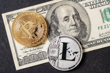 Bitcoin, litekoin kripto para birimi dolar, 100 birimlik banknot. Gelecekteki sanal para birimi konsepti. Mermerden bir arka planda