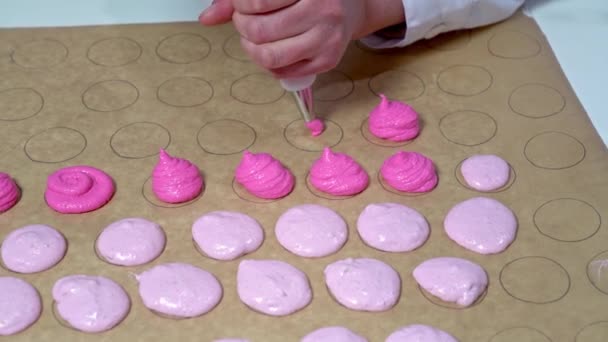 Panettiere utilizzando una borsa da pasticceria per riempire forme circolari su carta pergamena con una tonalità diversa di pastella rosa. Fabbricazione di maccheroni. — Video Stock