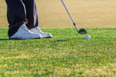 Golf sahasına yerleştirilmiş bir topun ve sallanmak üzere olan bir golfçünün görüntüsü..