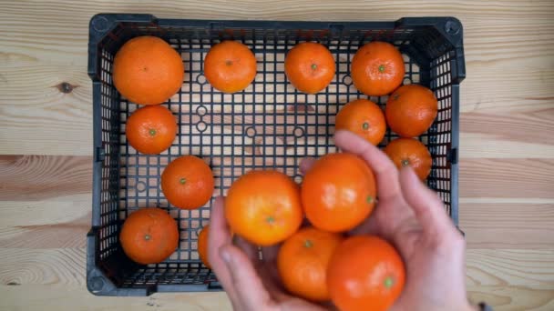 As mãos de um homem põem tangerinas maduras, um fruto exótico, em uma caixa de entrega durante uma pandemia. Em um fundo de madeira. Em câmara lenta. — Vídeo de Stock