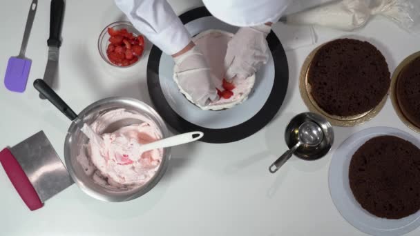 Chef plaçant des fraises tranchées sur une couche de gâteau qui a déjà un peu de crème sur le dessus. — Video