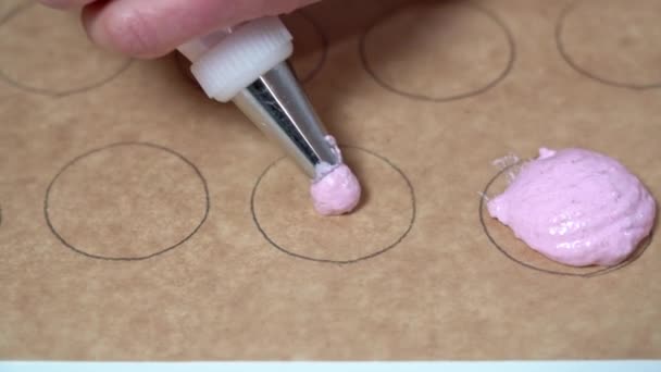 Close-up shot van bakker met behulp van een banketbakkerszak met macaron roze beslag te vullen ronde vormen op perkament papier. — Stockvideo