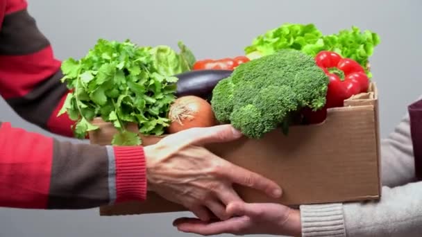 Um voluntário masculino entrega comida e vegetais a pessoas em quarentena. Conceito de isolamento doméstico. Entrega de comida para as pessoas. Conceito de pandemia COVID-19 — Vídeo de Stock