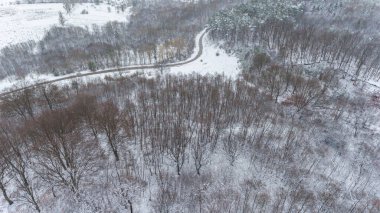 Kış zamanı yol ve ormanın hava manzarası. Havadan gelen doğal kış manzarası. Orman, kar altında bir kış.