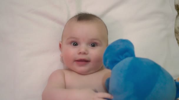 Novorozené dítě leží spokojeně a šťastně si hraje s pozitivními emocemi. Měkká hračka, modrý slon. — Stock video