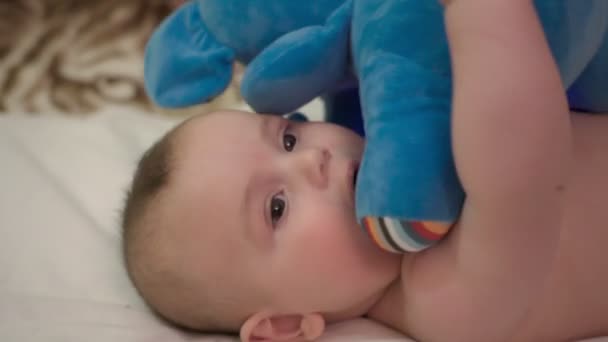 Recién nacido niño acostado, mordiendo y jugando con su juguete felpa, en un lindo primer plano. — Vídeos de Stock