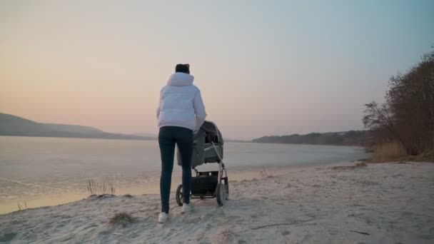 En ung kvinna med barnvagn och ett nyfött barn går på en vårsjö. Under solnedgången. Mödrars känslor och känslor. — Stockvideo